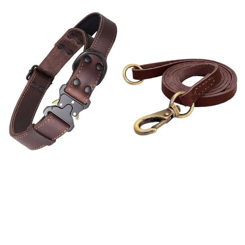Black leather bandana collar with matching explosion-proof pulling rope for large dogs