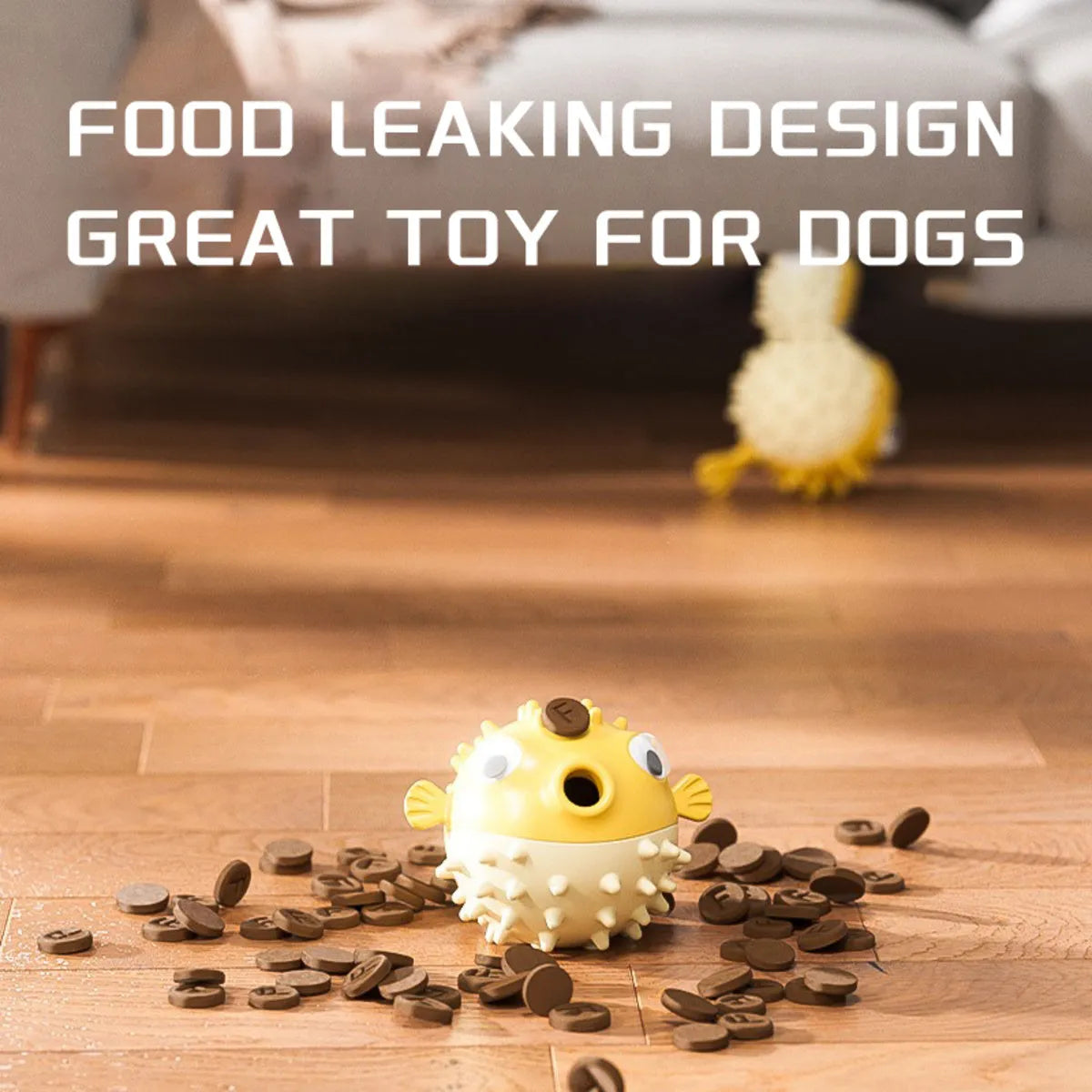 A yellow, fish-shaped durable dog chew toy with a textured surface and built-in squeaker.