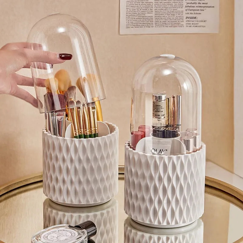 Transparent rotating makeup brush holder with white base and dust-proof lid