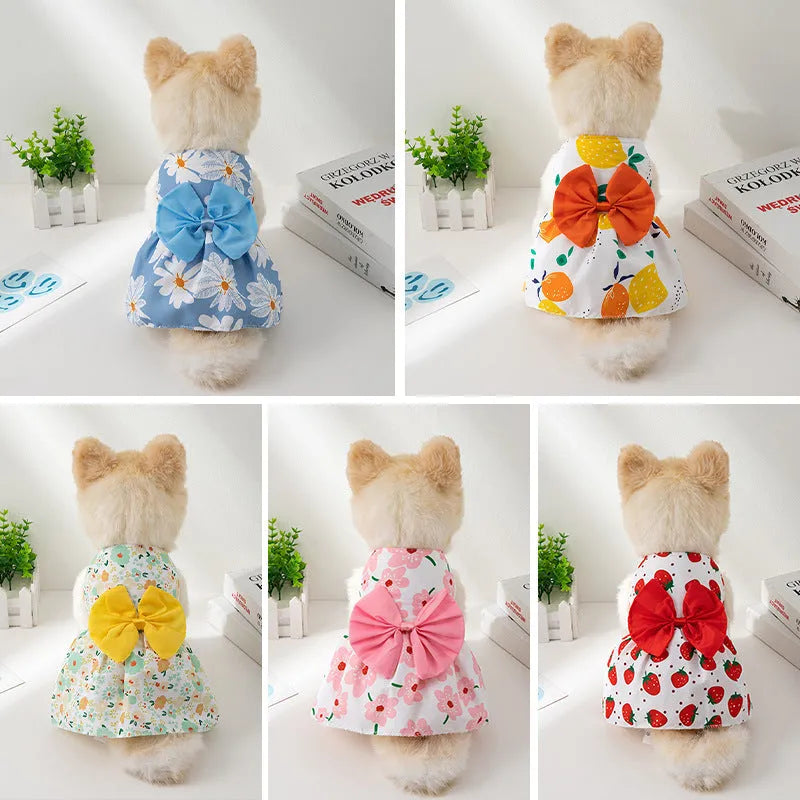 Summer cool pet dress with floral butterfly knot design in multiple bow colours for dogs and cats