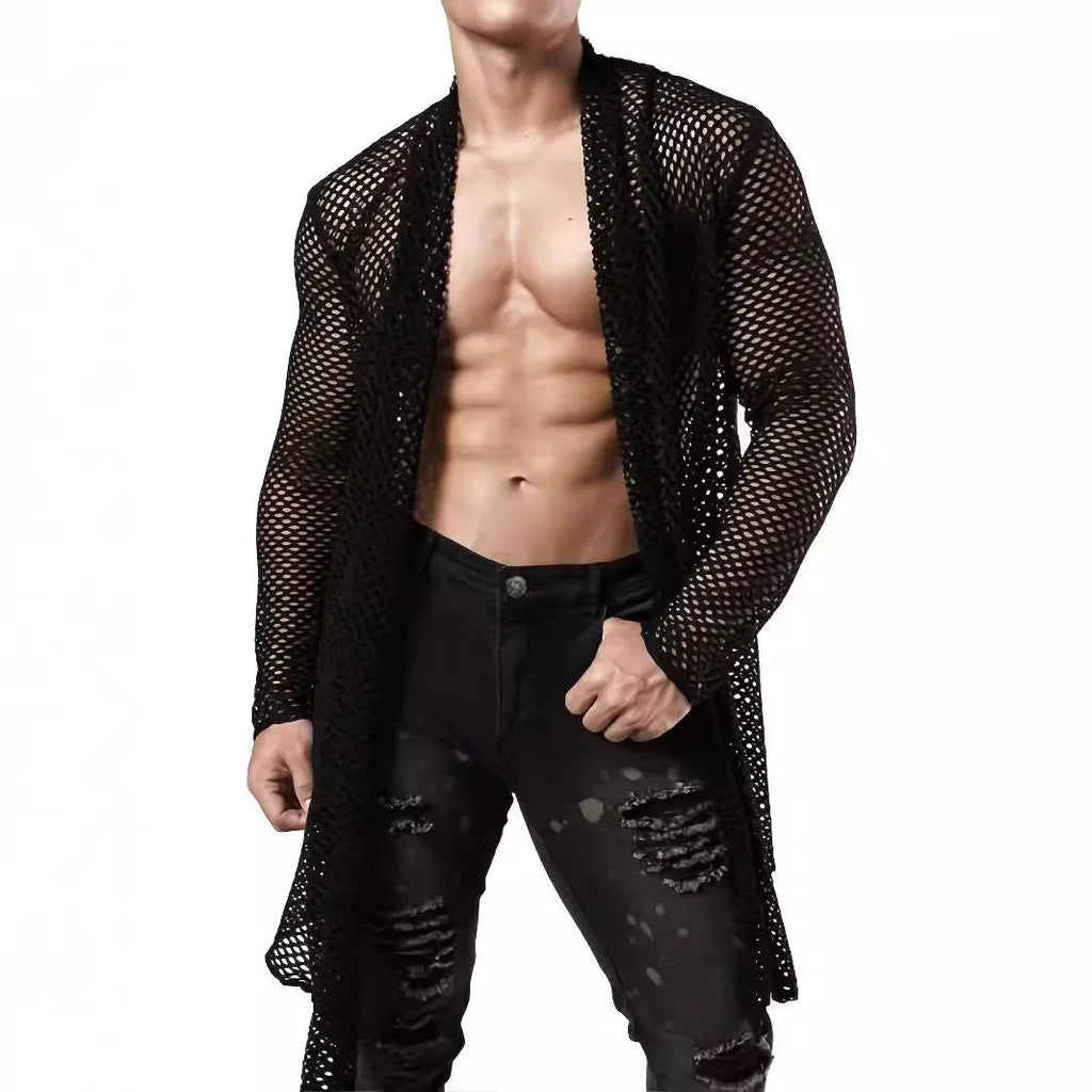 Black mens polyester cardigan with mesh see-through knit pattern and long sleeves