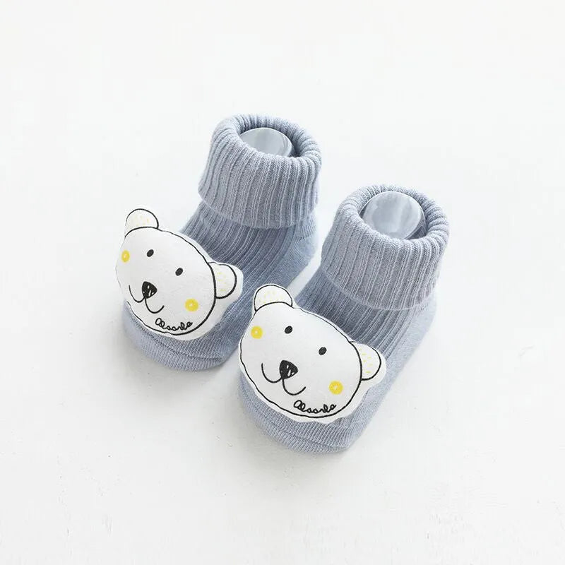Non-slip baby socks with dispensing glue feature in cotton material, showing mid-calf height and colour options