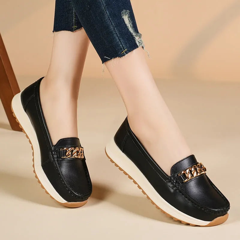 Women's one-pedal loafer PU upper round toe solid colour beige black brown blue casual shoe