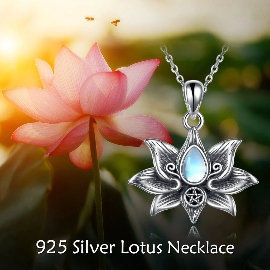Sterling silver moonstone teardrop lotus flower pendant necklace on 18-inch O-chain