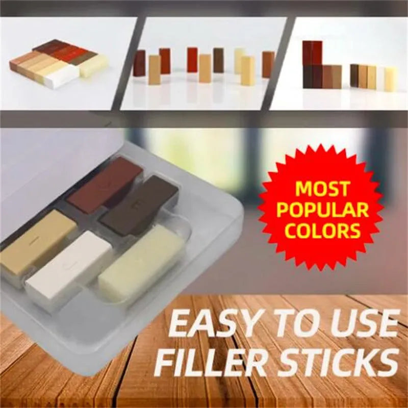 Floor repair tool with red or yellow handle and wax sticks for tile surface restoration