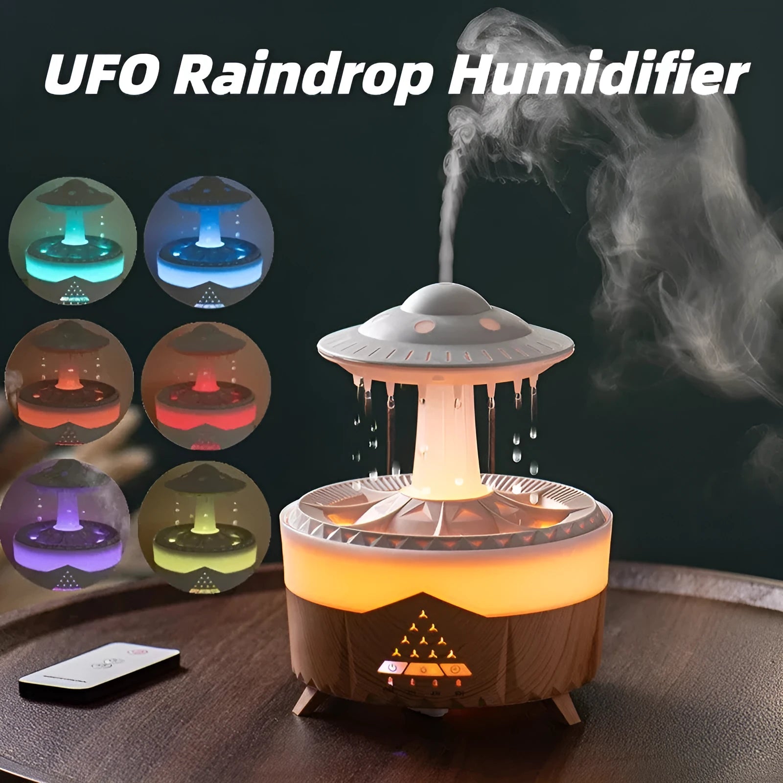UFO-shaped cloud humidifier with rain drop sound and 7-colour night light