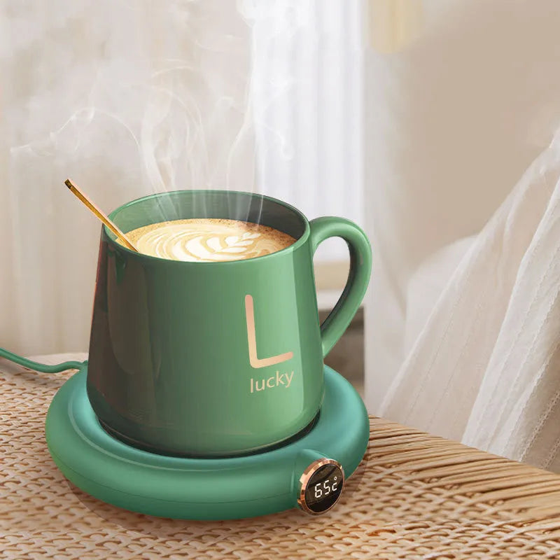 USB-powered white coffee mug warmer plate on desk keeping drink warm