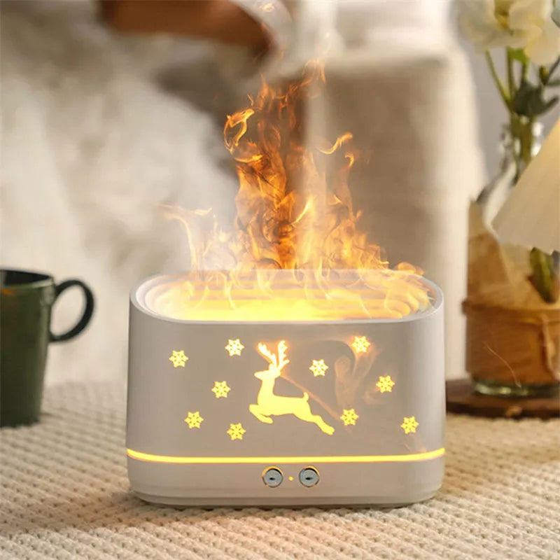 White round Elk flame effect humidifier diffuser with night light on a table.