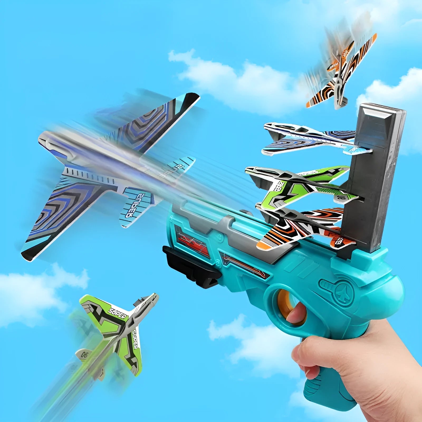 Dino Toys hand throwing spin glider launcher with blue foam airplanes and ABS plastic body