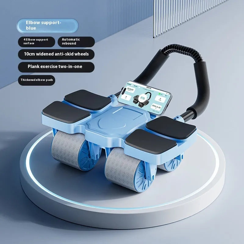 Black automatic rebound abdominal wheel with four blue wheels and textured handles on a wooden floor.