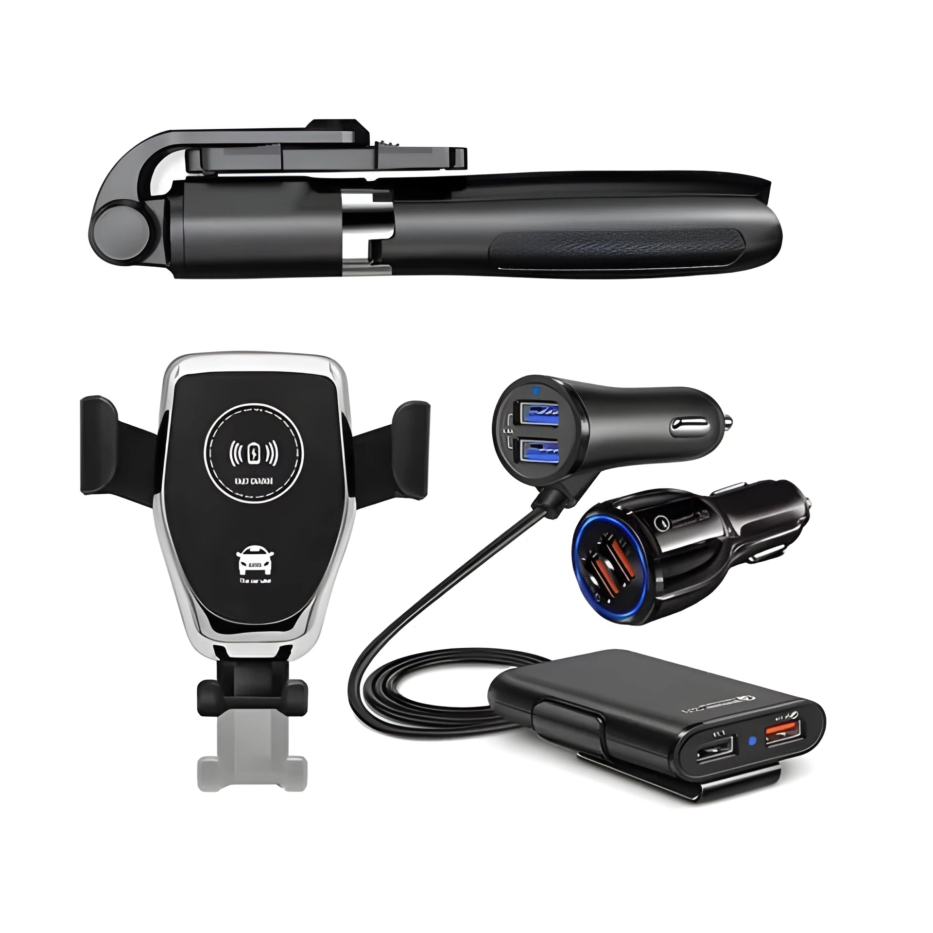 Car charger accessories set with USB adapter and connectors for vehicle use