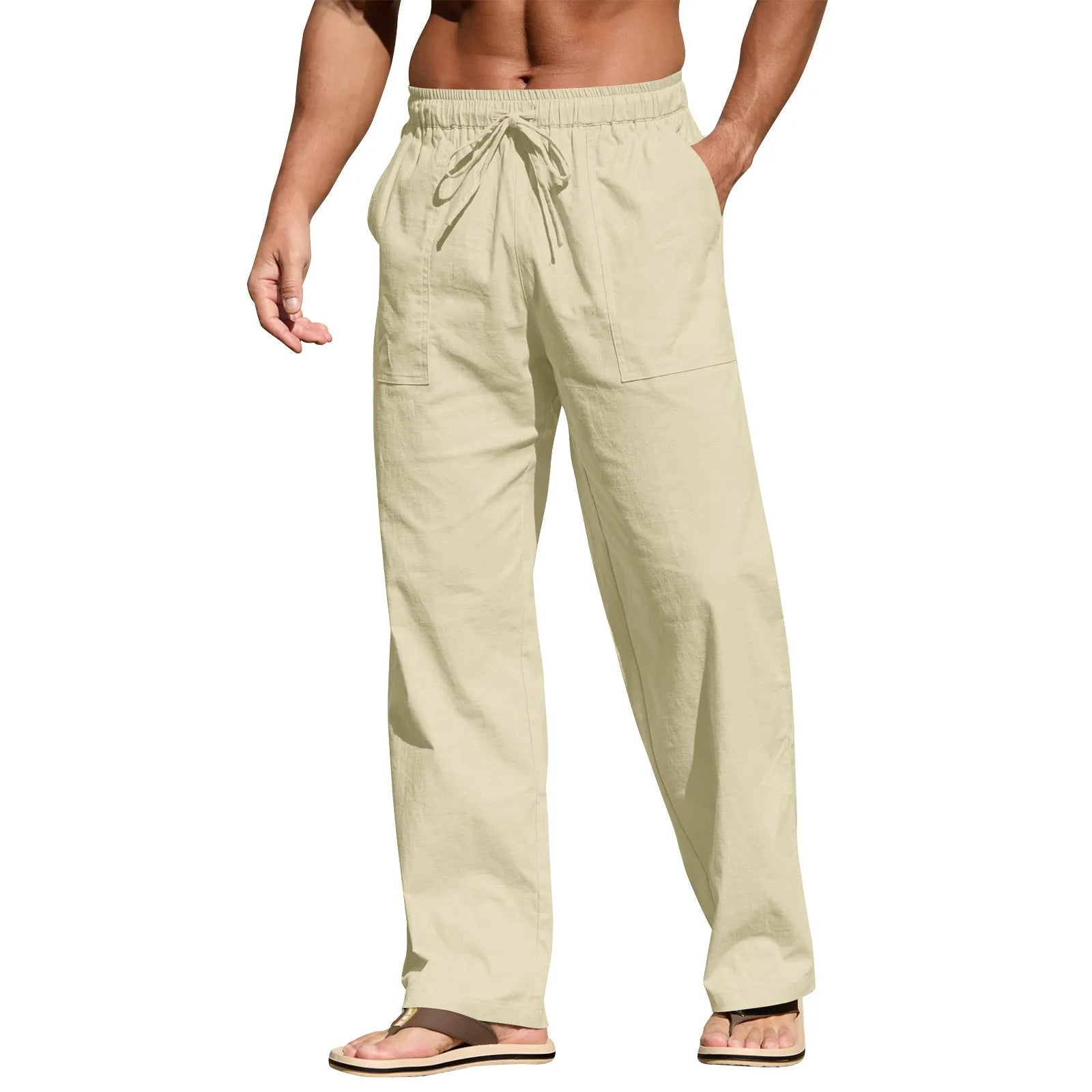 Men's straight-leg cotton linen trousers with drawstring elastic waist in multiple colours