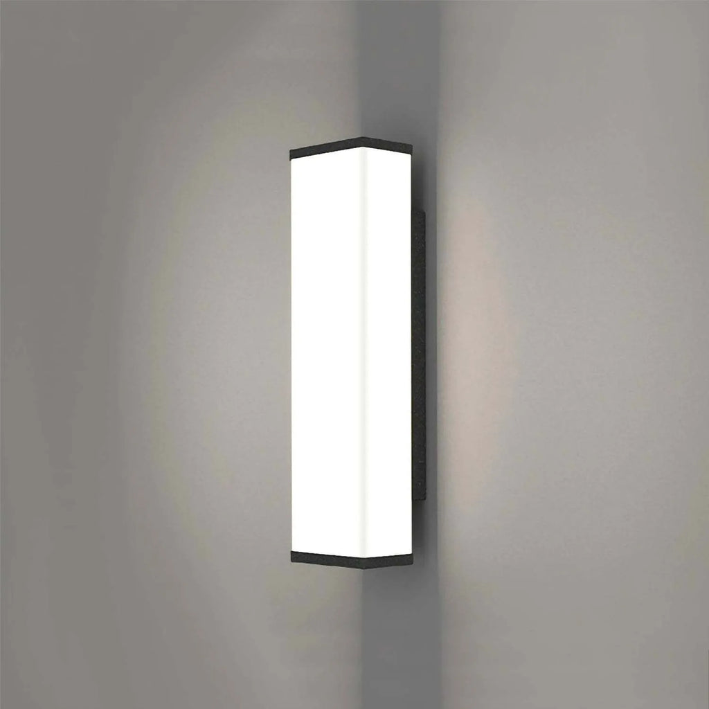 Stainless steel long strip outdoor wall light with LED, mounted on an exterior wall.