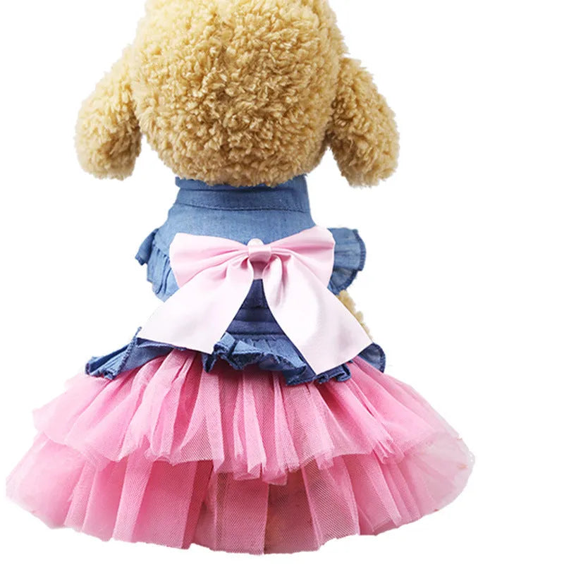 Korean version creative bow pet denim skirt in pink or white yarn for dogs