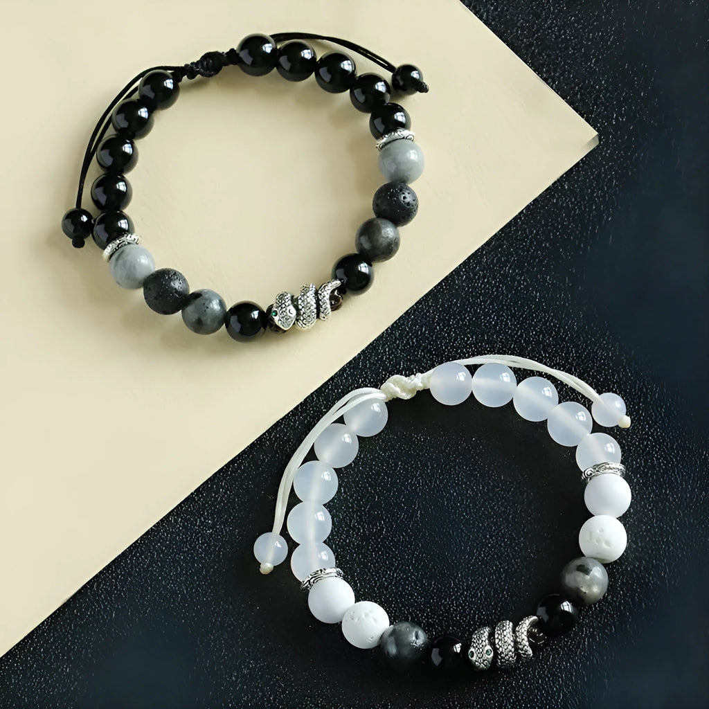 Handmade adjustable agate couple bracelet in black or white with turquoise accents and snake chain