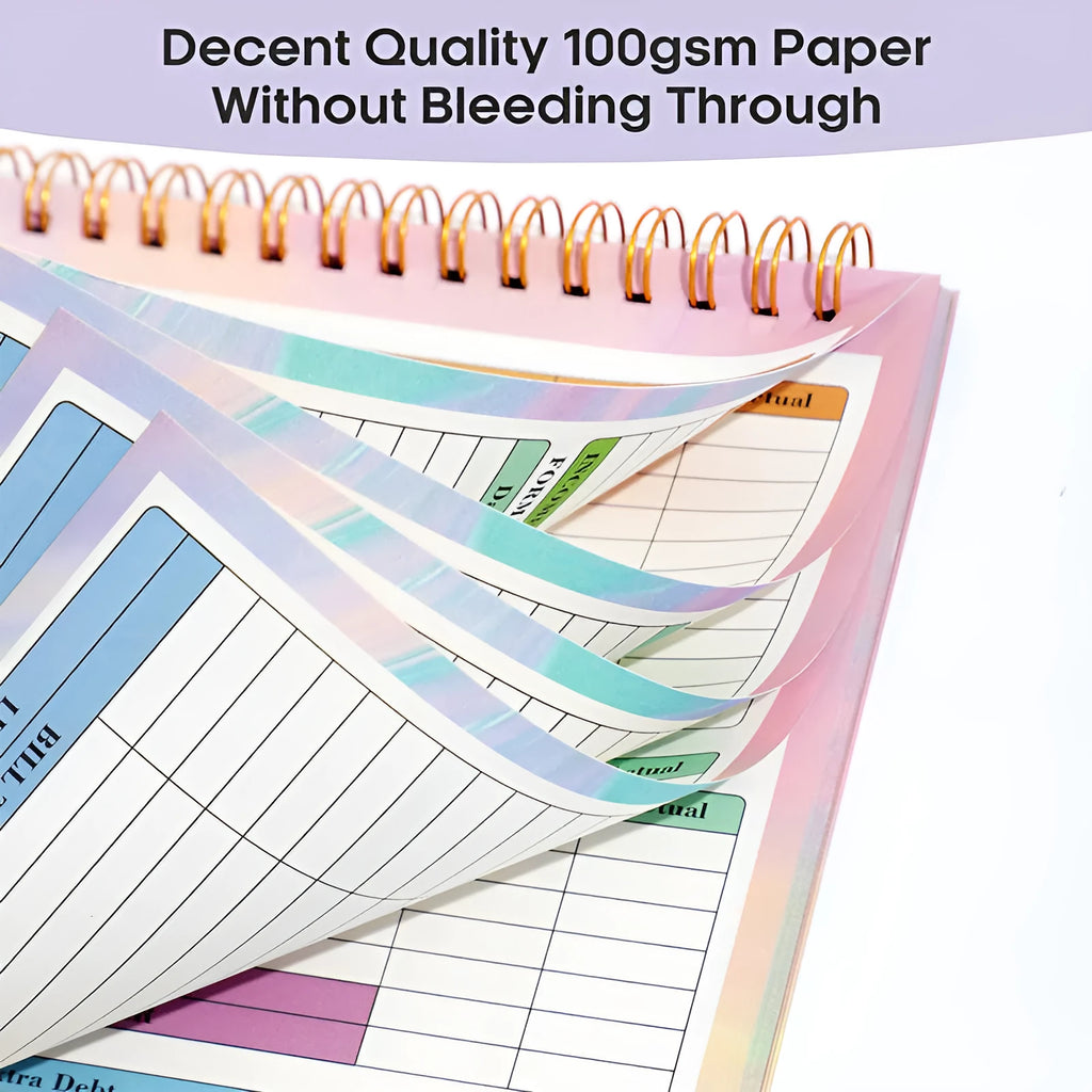 B5 spiral-bound budget tally notebook with a PP cover, open to show numbered pages for income and expenditure tracking.