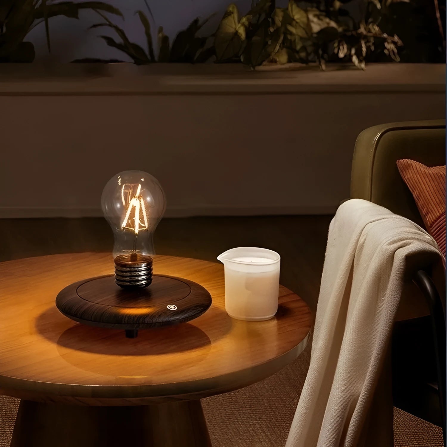 Creative iron art suspension bulb night lamp on a black wood grain desk base
