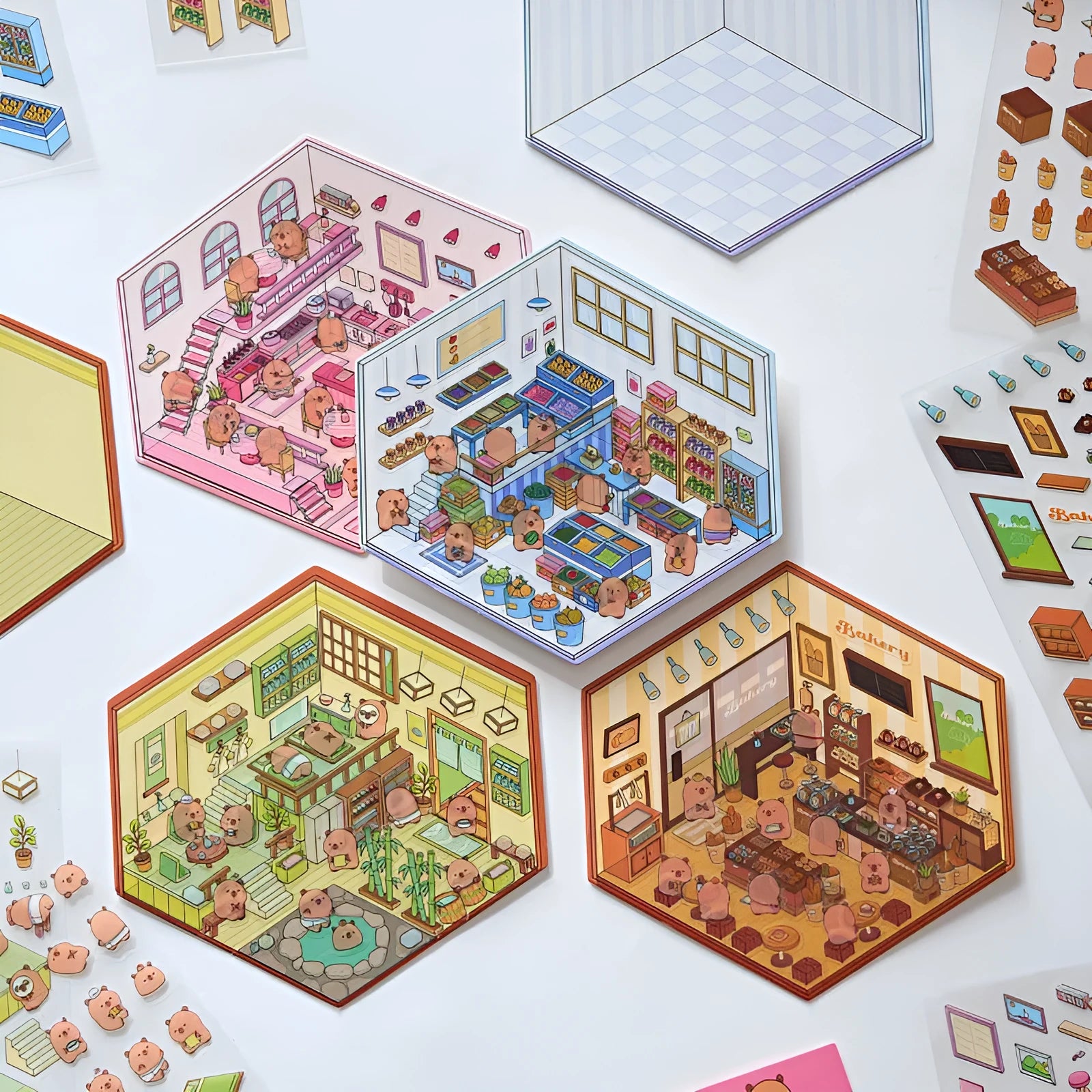 Eight themed landscaping hand account stickers including pink restaurant, yellow bakery, green hot spring, and blue fruit shop designs.