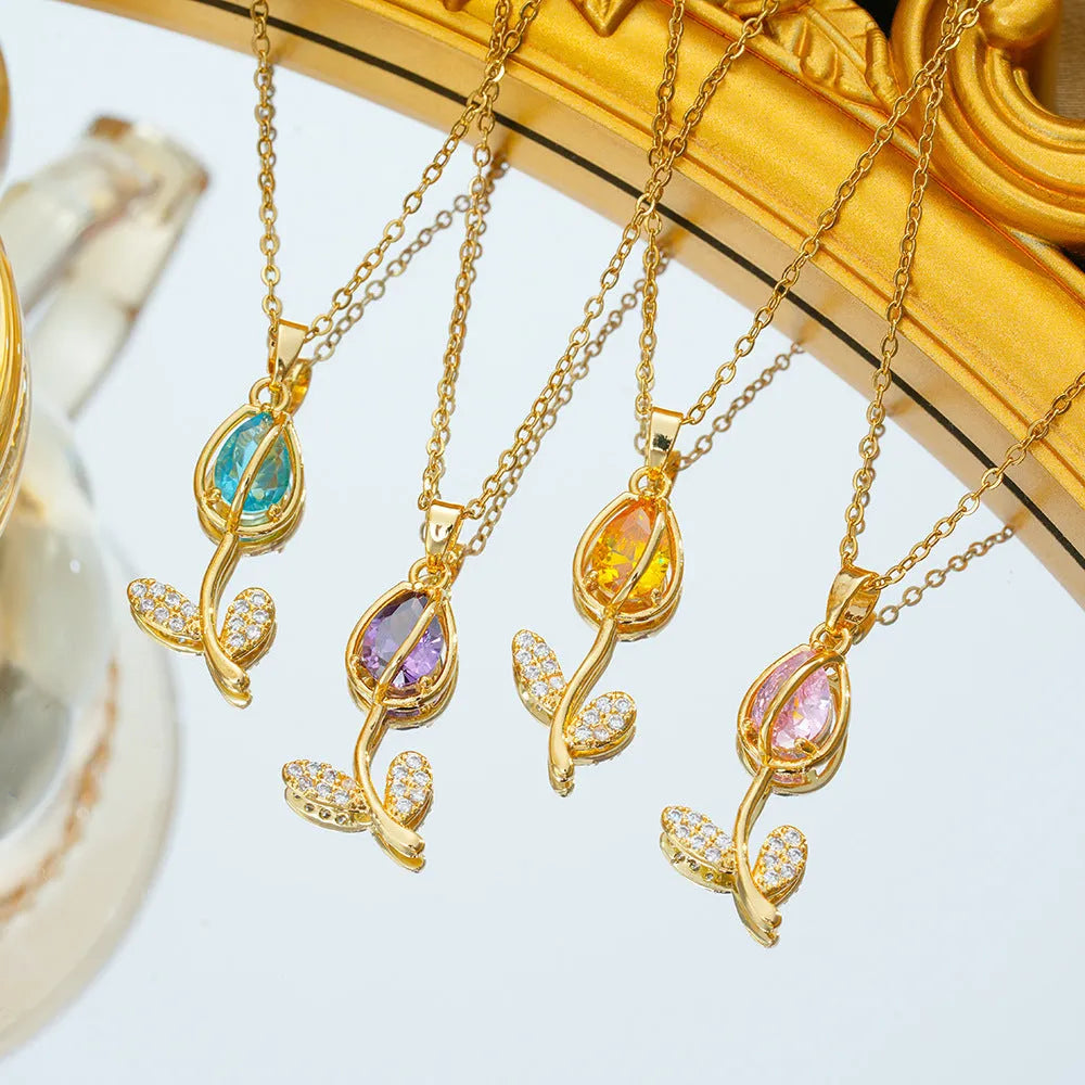 Zircon Tulip Necklace for women with adjustable O-ring chain and copper-plated gold flower pendant.