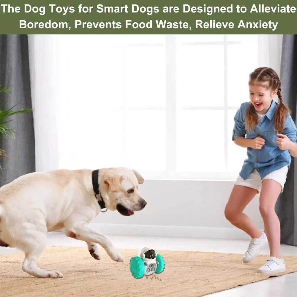 Self-balancing dog treat dispenser toy for small pets in robot design with roller system