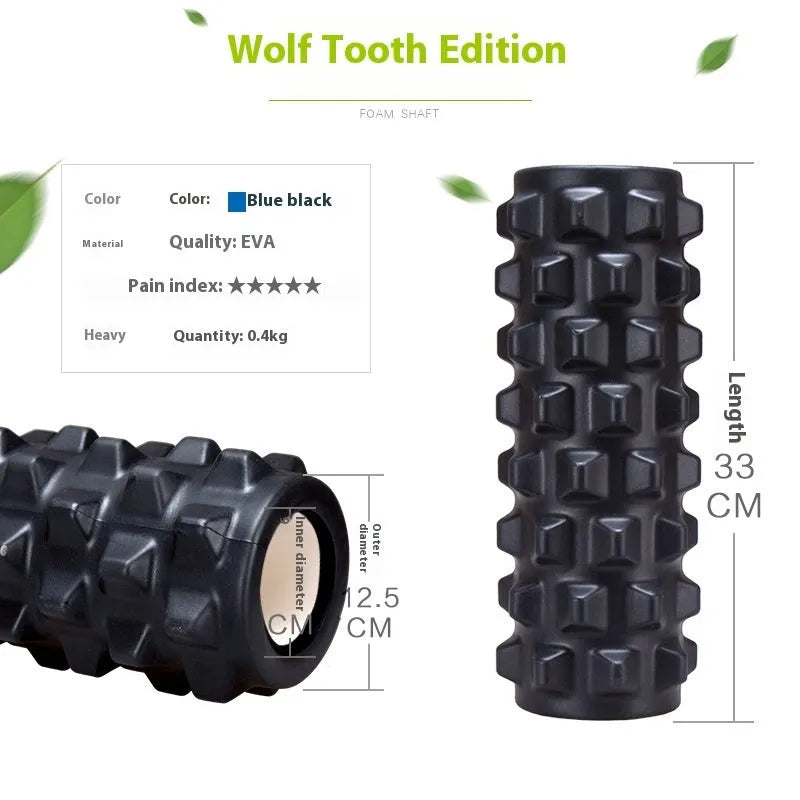 Black 33cm gear-textured foam massage roller on a white background.