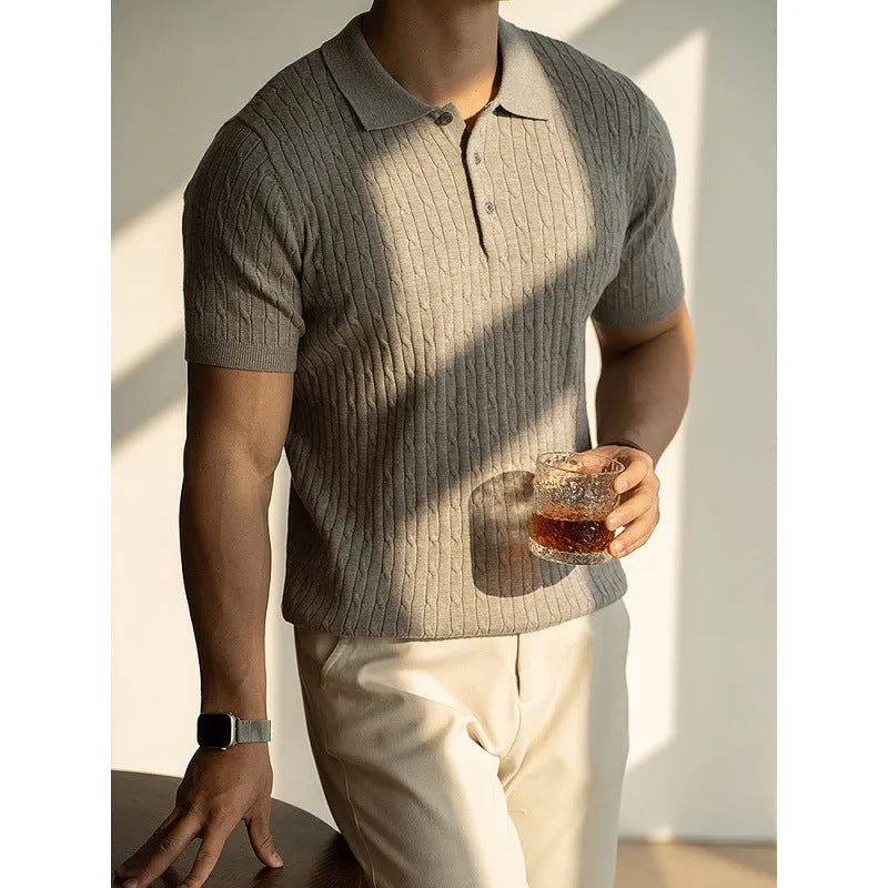 Men's khaki short sleeve business top made from a polyester nylon acrylic wool blend fabric.