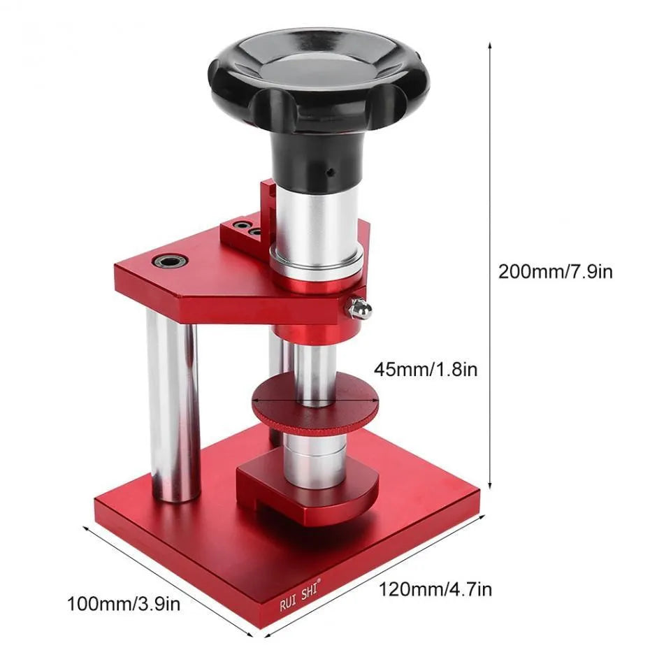 A watch back cover press tool with a spiral mechanism and a set of 20 plastic moulds for watch repair.