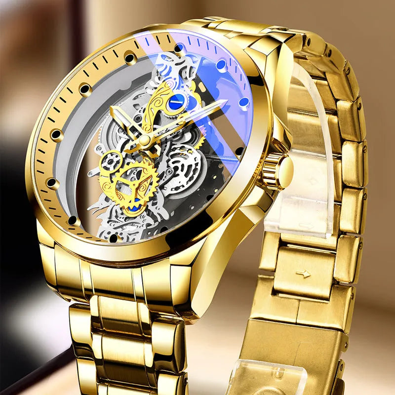 Double-sided skeleton automatic watch with 40mm steel case and luminous dial on steel bracelet