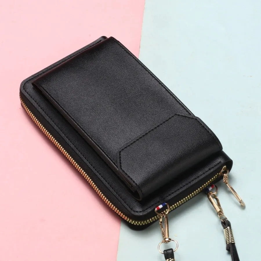 Mini crossbody phone bag for women in black PU leather with sewing thread detail