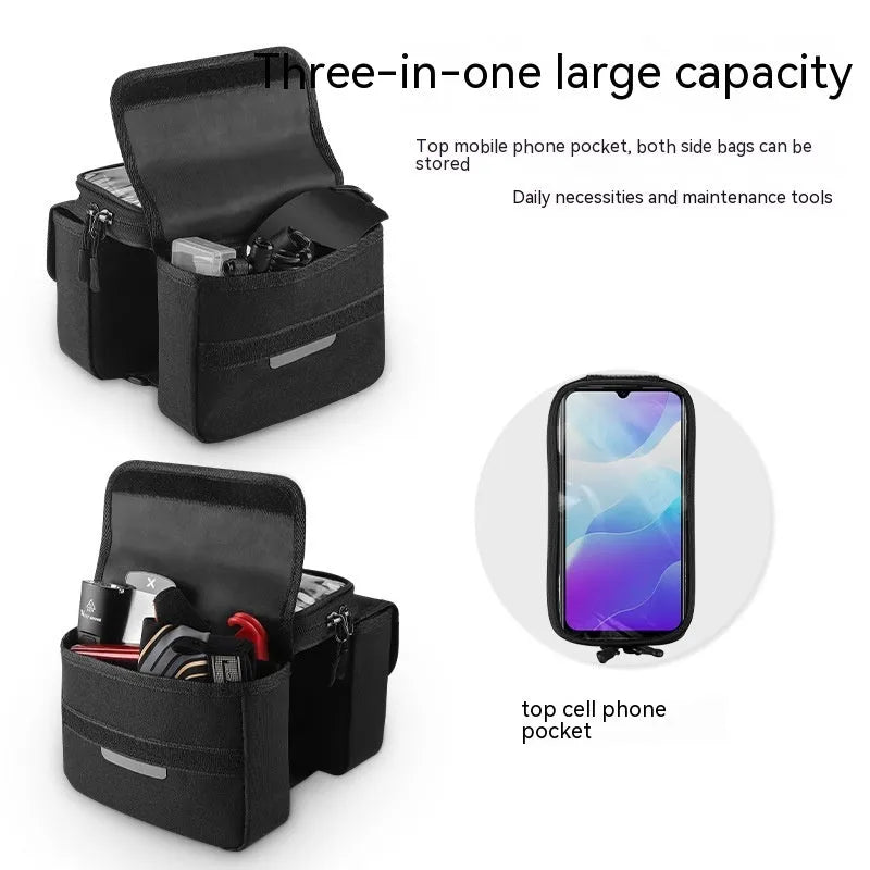Black and grey bilateral tube saddle bag mounted on bicycle frame with 2L capacity