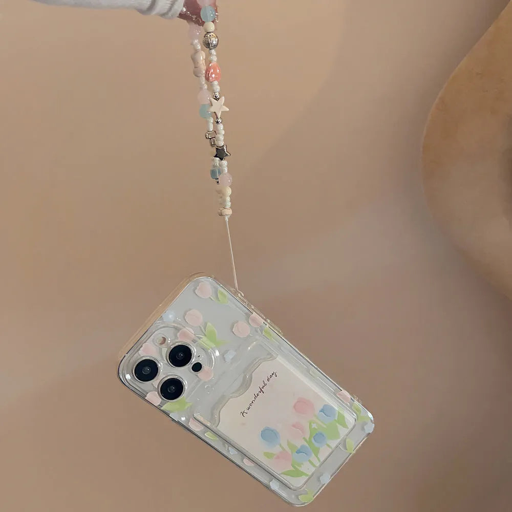 Transparent TPU phone case with tulip flower design and card holder slot for Apple iPhone