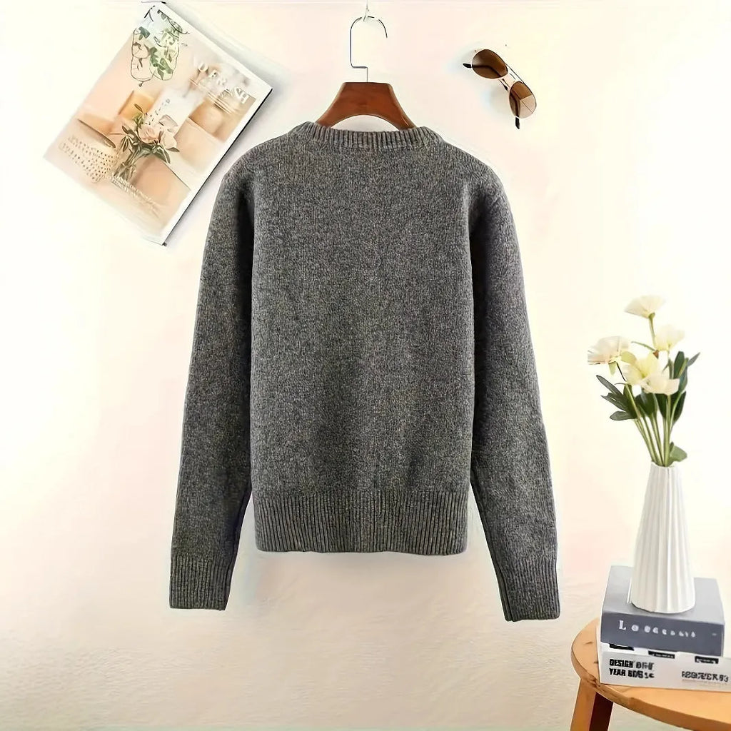 Dark grey women's polyester cardigan sweater with button front and regular sleeves