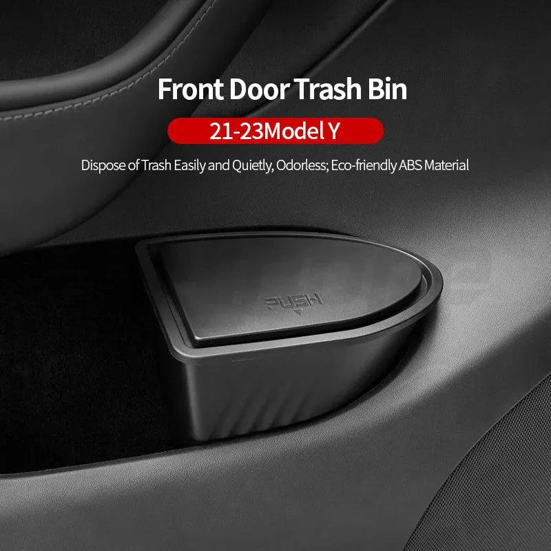 Two matte black ABS plastic storage boxes designed for Tesla Model Y front door pockets