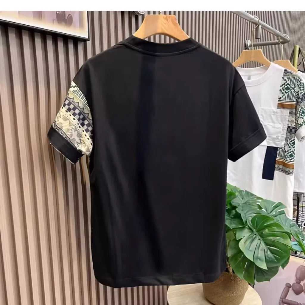 Men's camouflage slim fit polyester pullover T-shirt in black, front view, for summer daily wear.