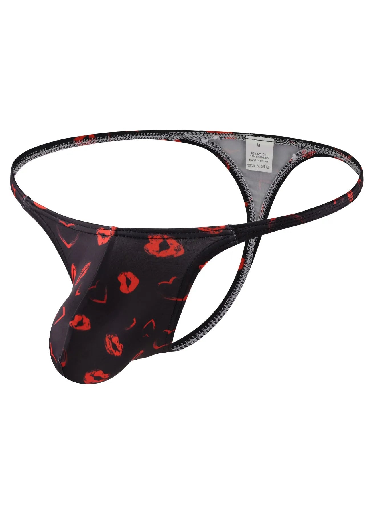 Men's low waist T-back shorts with couple theme cartoon pattern in breathable nylon fabric