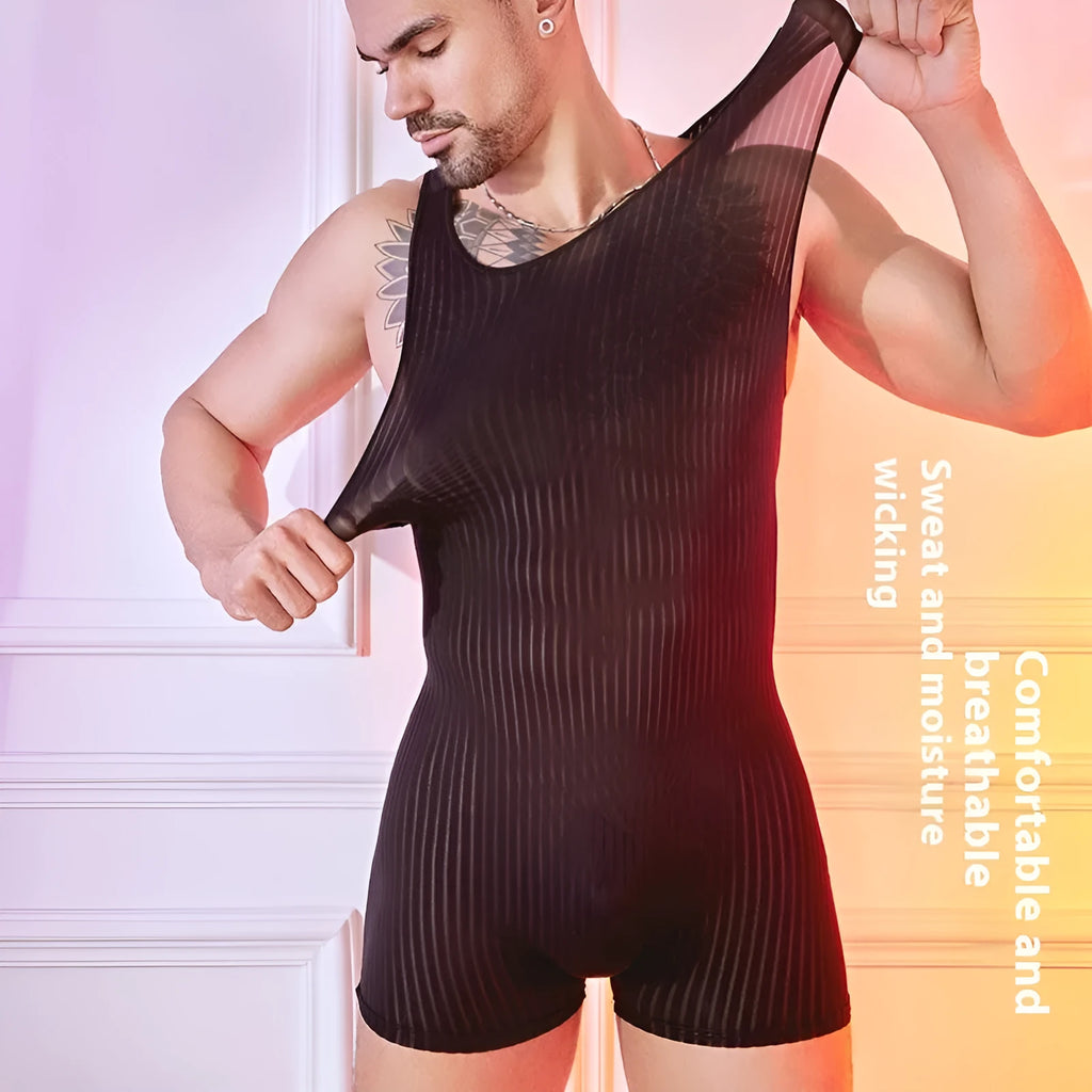 Men's striped nylon jumpsuit in black with vertical bars, free size