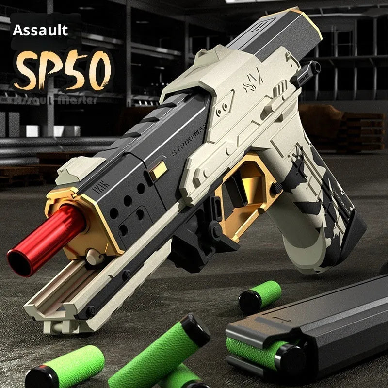 Nylon Attack Master SP50 soft bomb launcher toy in white with EVA soft balls and magazine