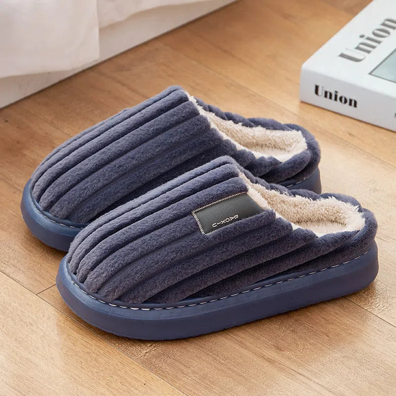 Warm plus-size men's slippers with plush upper, striped pattern, coffee brown colour