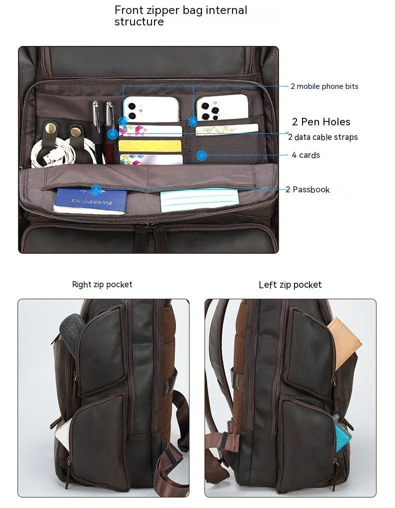 Dark brown genuine leather backpack for a 17-inch laptop, showing multiple pockets and double shoulder straps.