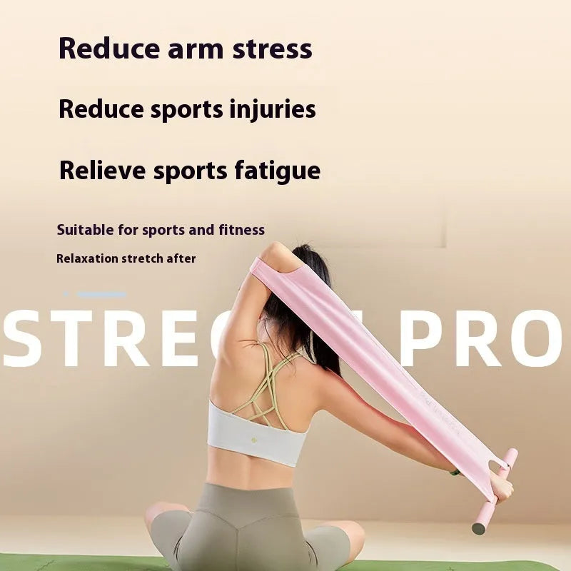 Grey and pink yoga stretching tool with iron frame and rubber grips for shoulder and back flexibility.