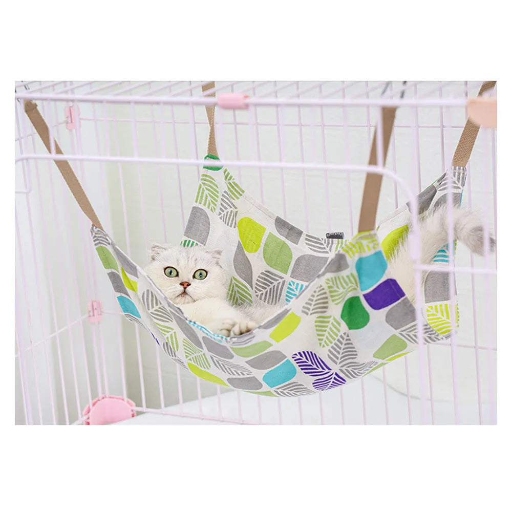 Yellow multicolour cotton linen cat hammock bed with hanging hook, measuring 47cm square.
