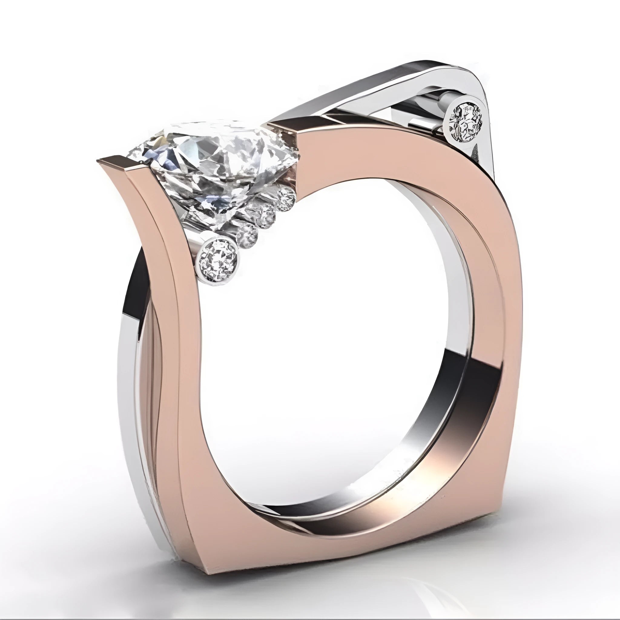 A pair of rose gold geometric couple rings with inlaid zircon stones on a white background.