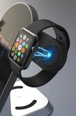 Black six-in-one alarm clock and wireless charging station with digital display and TYPE-C port.