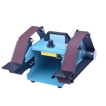 Blue desktop dual-head belt sander with variable speed dial on a workbench.