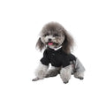 A poodle wearing thin cotton clothing, available as a skirt or four-legged pants in sizes S, M, L, XL.