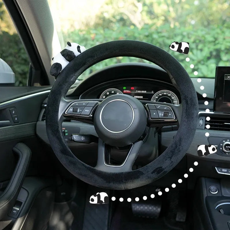 Plush black panda steering wheel cover with matching shoulder pad for 38cm diameter wheels