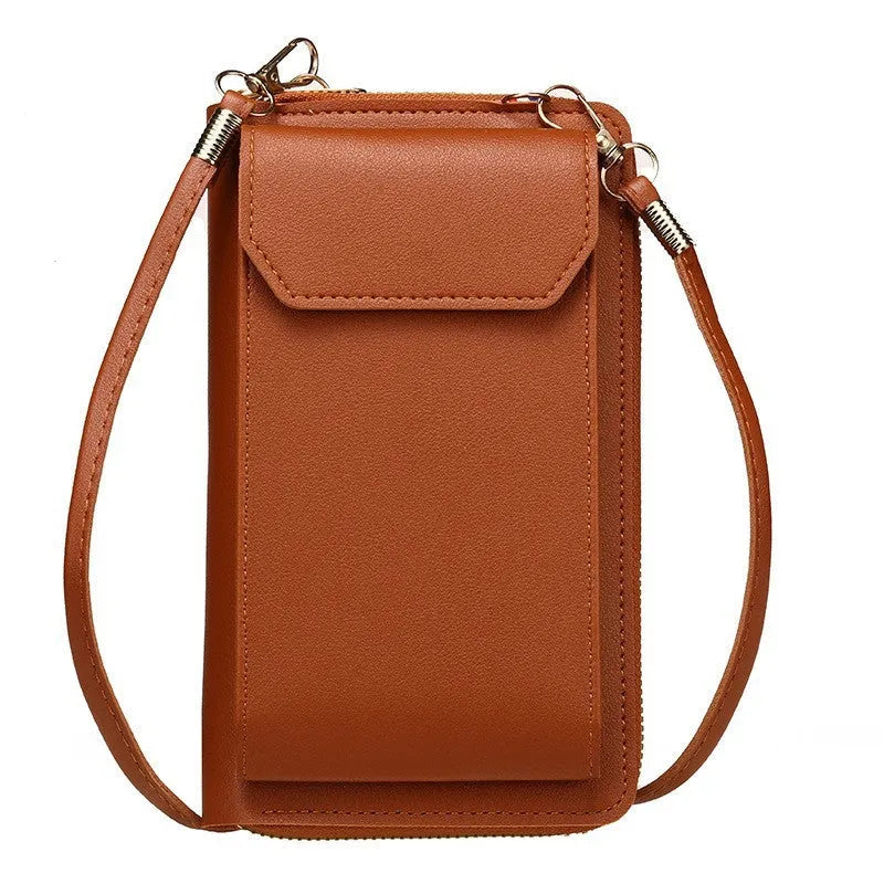 Mini crossbody phone bag for women in black PU leather with sewing thread detail