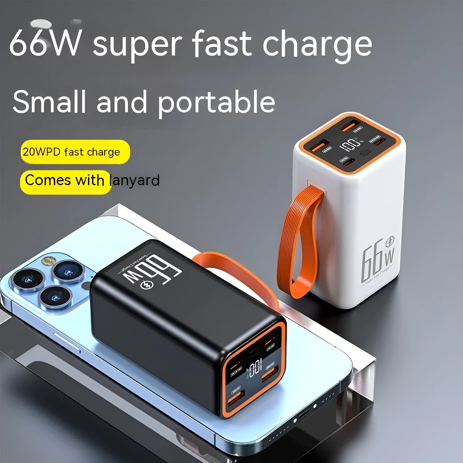 PD66W 20000mAh fast charge power bank in black or white with creative design