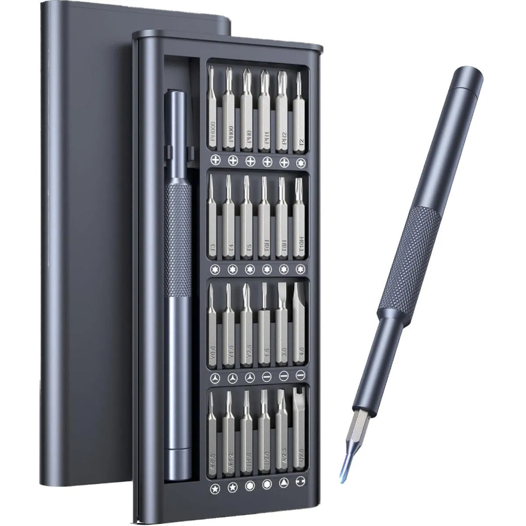 Compact 25-in-one magnetic screwdriver set with chrome vanadium steel bits and ABS handle.