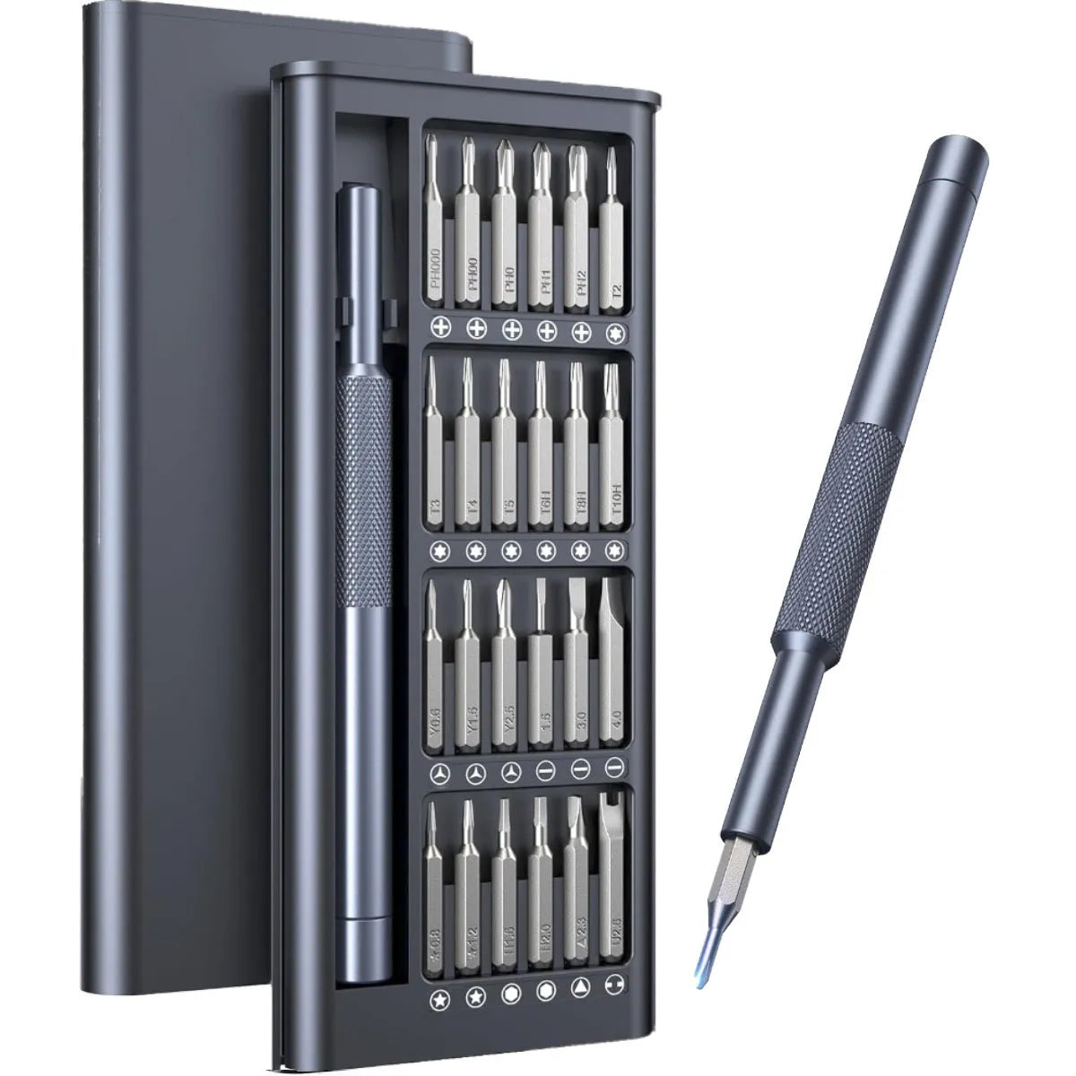 Compact 25-in-one magnetic screwdriver set with chrome vanadium steel bits and ABS handle.